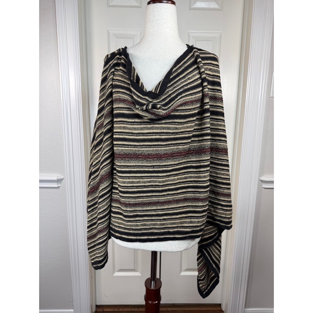 Lauren Ralph Lauren Black Beige Striped 100% Linen Knit Poncho Wrap One Size